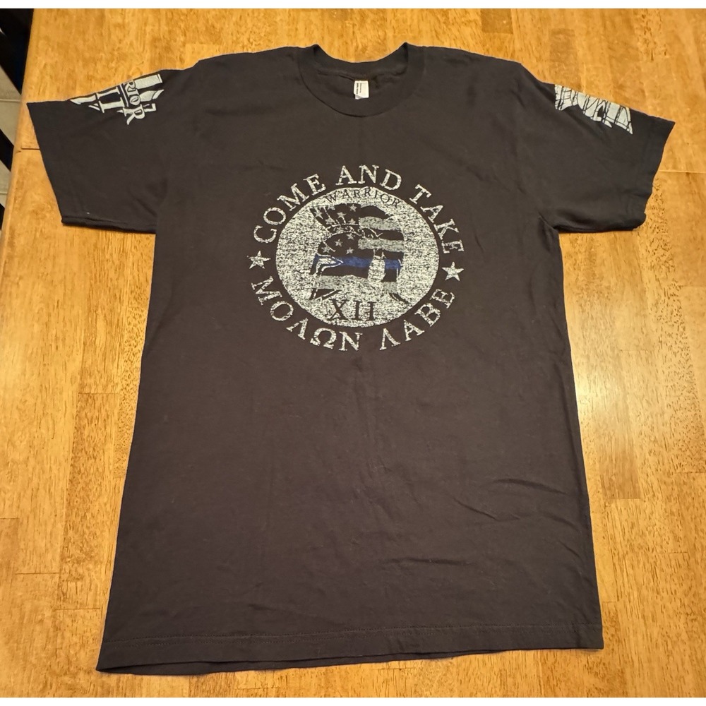 Warrior XII Molon Labe Spartan Helmet Black T-Shirt Mens Medium Thin Blue Line‎